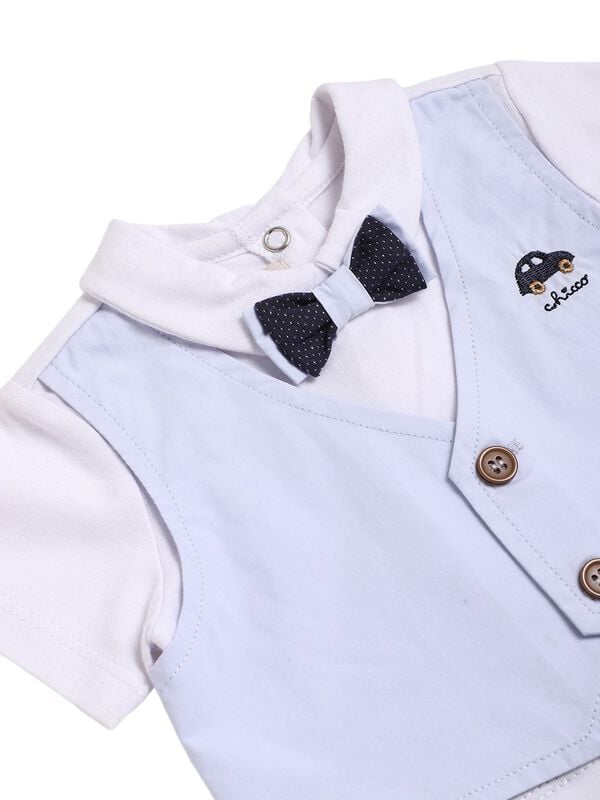Boys Solid Blue Short Sleeve Knitted Romper image number 2